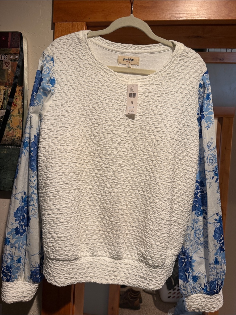 Anthropologie Cream Textured Sweater with Blue Floral Sleeves